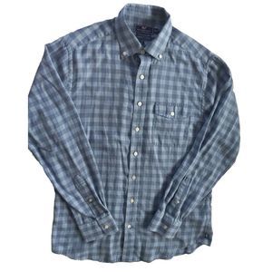 Vineyard Men Long-sleeve‎  Button Up Crosby Shirt Medium Plaid Blue Linen Cotton